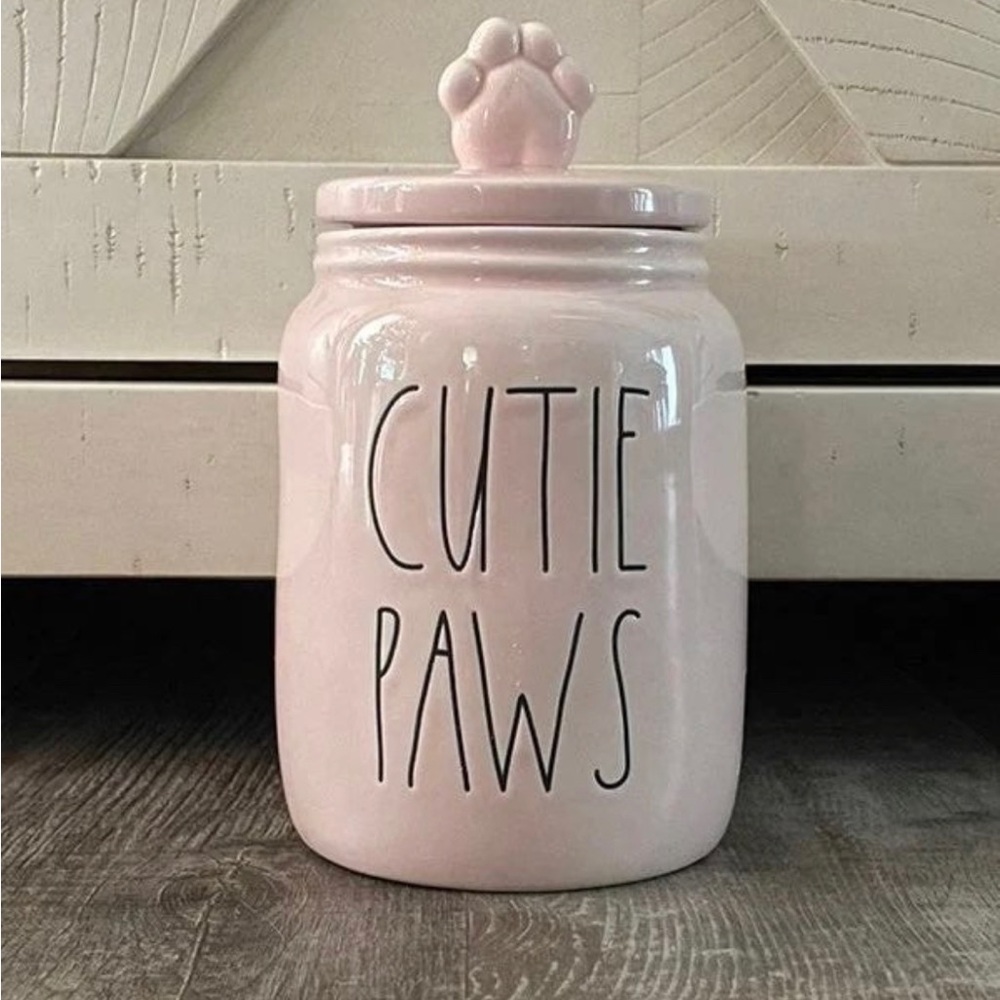 Rae Dunn CUTIE PAWS pink canister with paw topper